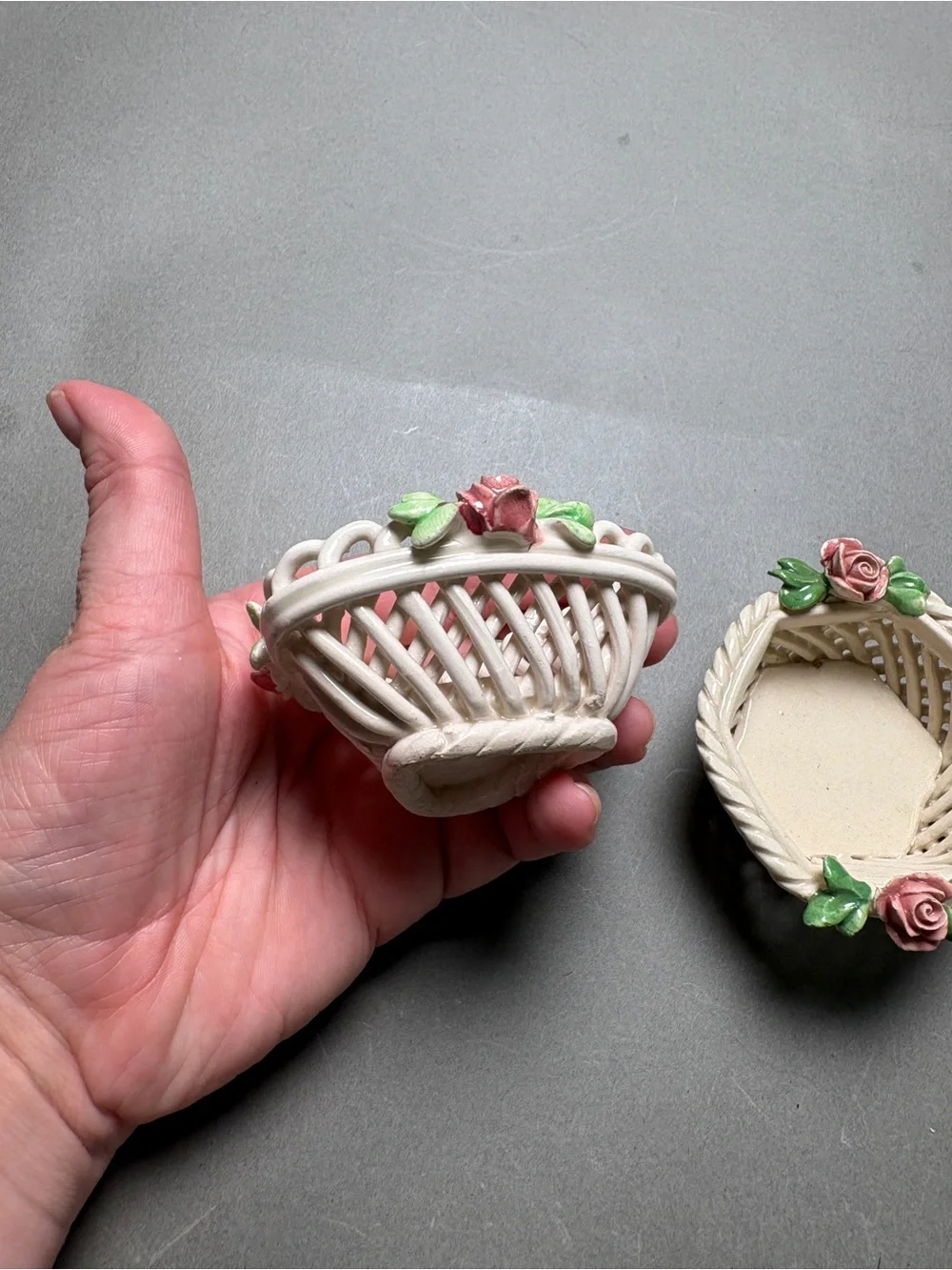 Cottagecore Handmade Italy Ceramic Rose Basket Pair Ring Dish Trinket Dish